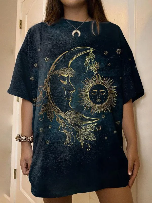 Celestial Charm Women's Sun & Moon Print T-shirt Lace Blend Ribbed Blend Corduroy Blend