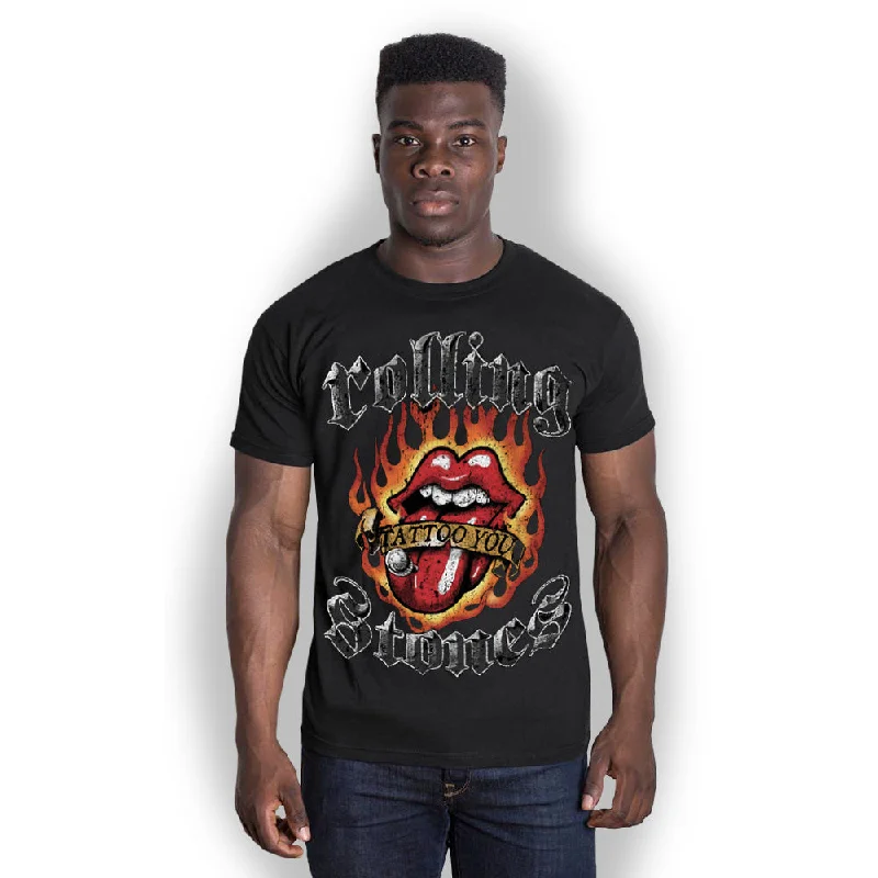 The Rolling Stones | Official Band T-Shirt | Flaming Tattoo Tongue Mesh Fabric Canvas Fabric Denim Fabric