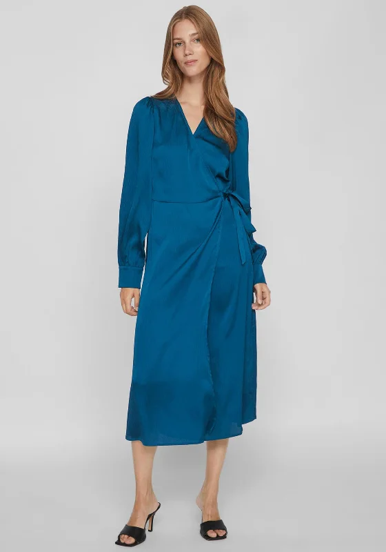 Vila Omi Satin Wrap Midi Dress, Moroccan Blue Fashionable Wide Leg Midi Dress