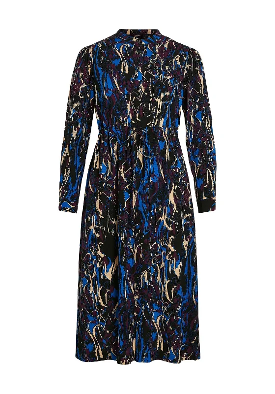 Vila Alma Drawstring Waist Print Midi Dress, Black Elegant Puff Sleeve Midi Dress