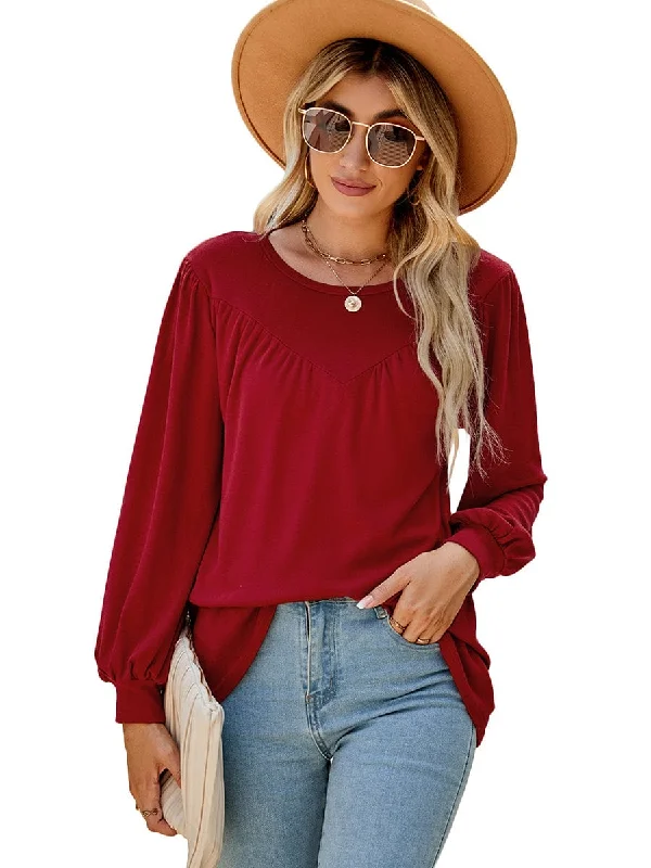 Lantern Sleeve Round Neck Long Sleeve Casual T-Shirt Collared Crew Neck Turtle Neck