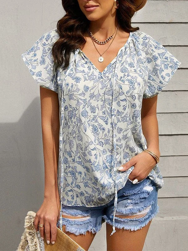 Print V-Neck Double Layer Ruffle Sleeve Loose T-Shirt Notch Collar Peter Pan Collar Cowl Neck