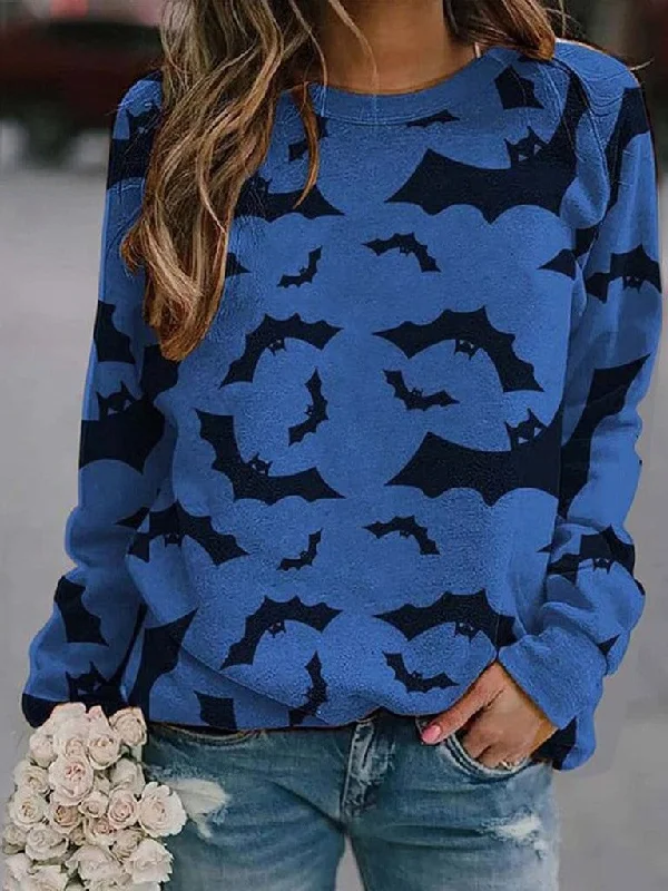 Stylish Bat Print Long Sleeve T-Shirt with Round Neck Polka Dot Checkered Tartan