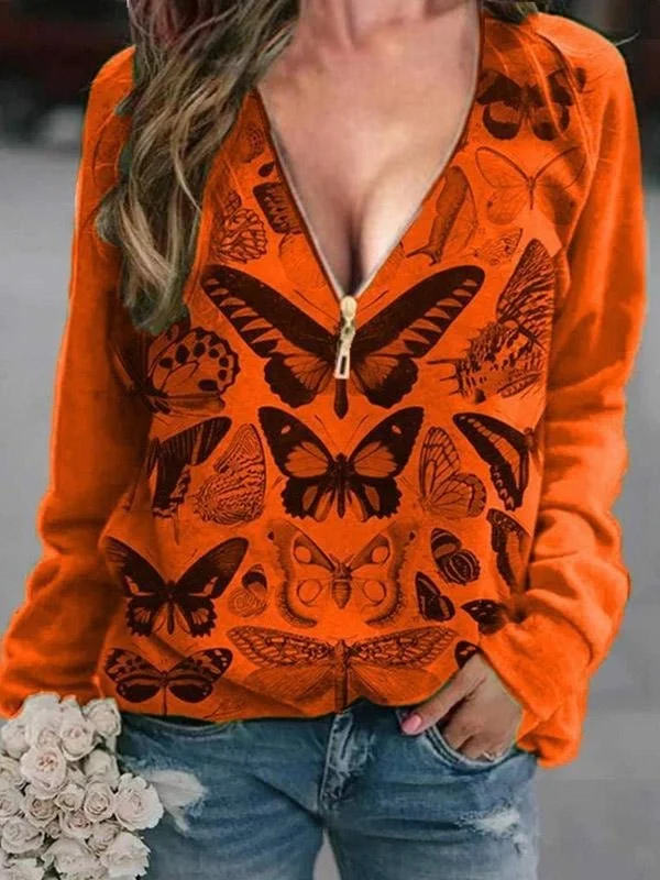 V-Neck Butterfly Print Zipper T-Shirt with Long Sleeves Mesh Fabric Canvas Fabric Denim Fabric