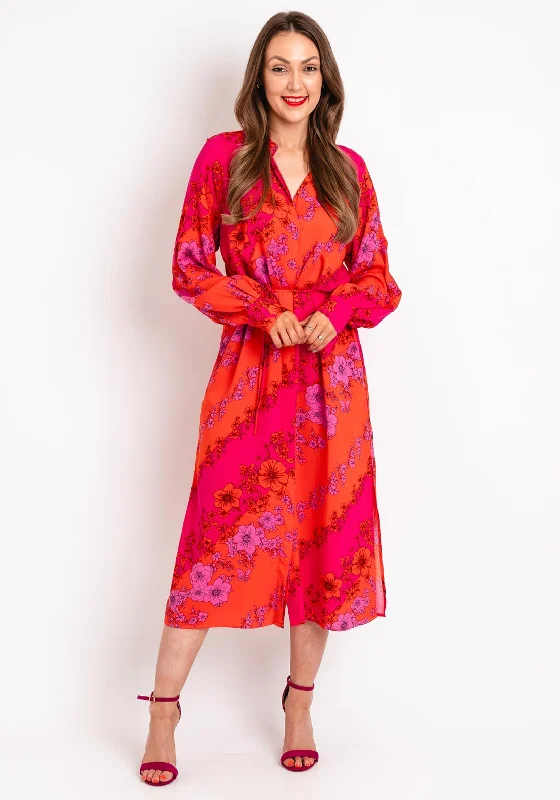 Y.A.S Scarlet Floral Print Shirt Midi Dress, Orange & Pink Comfortable Sleeveless Midi Dress