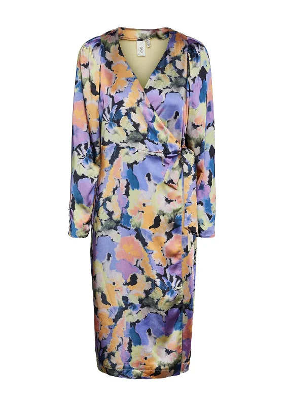 Y.A.S Watercolour Inspired Satin Wrap Midi Dress, Multi Chic Off-Shoulder Midi Dress