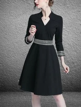 Autumn Black V-Neck Slim A-Line Skirt Midi Dress Trendy Square Neck Midi Dress