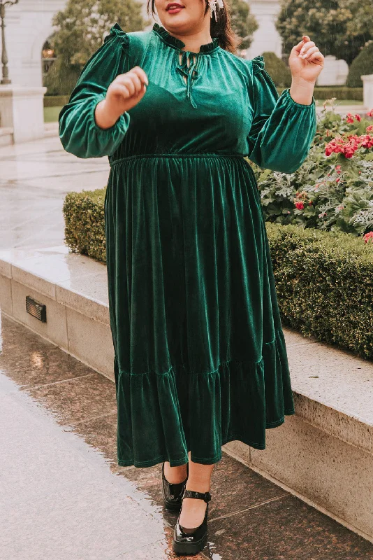 Blackish Green Velvet Frilled up Neck Ruffled High Waist Plus Size Midi Dress Cozy Wide Strap Midi Dress