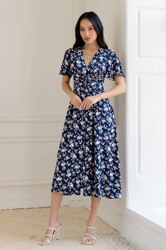 Blue Floral Print Short Sleeve Midi Dress Cozy A-Line Midi Dress