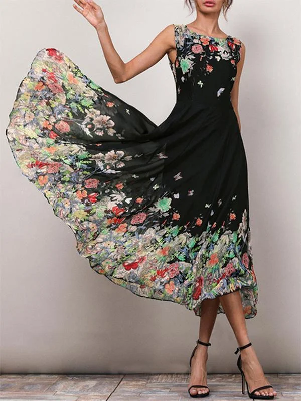 Casual Floral Print Sleeveless A-line Midi Dress Comfortable Denim Midi Dress