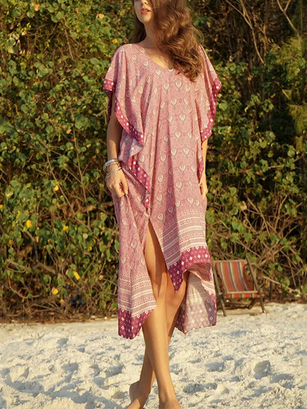 Casual Boho Bat Sleeve V Neck Summer Beach Midi Dress Comfortable Wrap Midi Dress