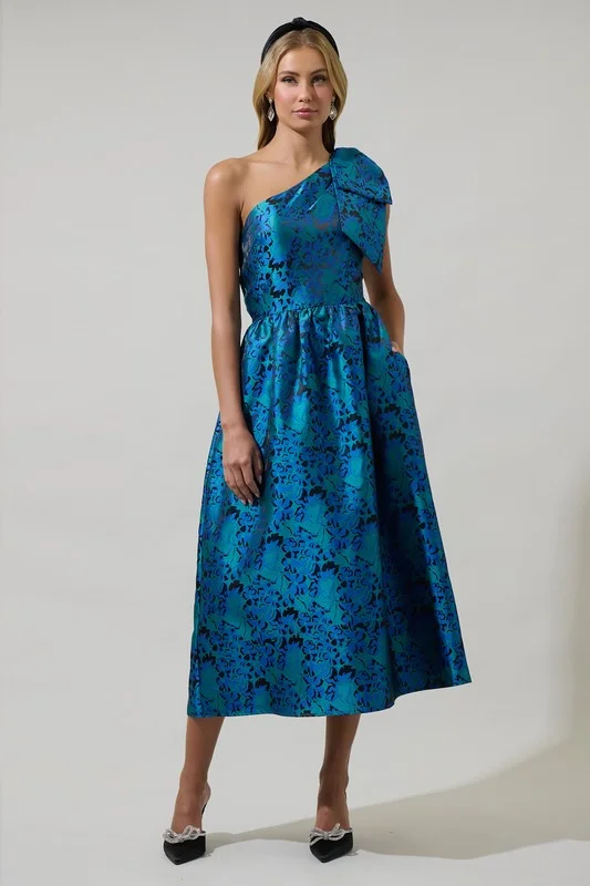 Celeste One Shoulder Jacquard Midi Dress Elegant Floral Midi Dress