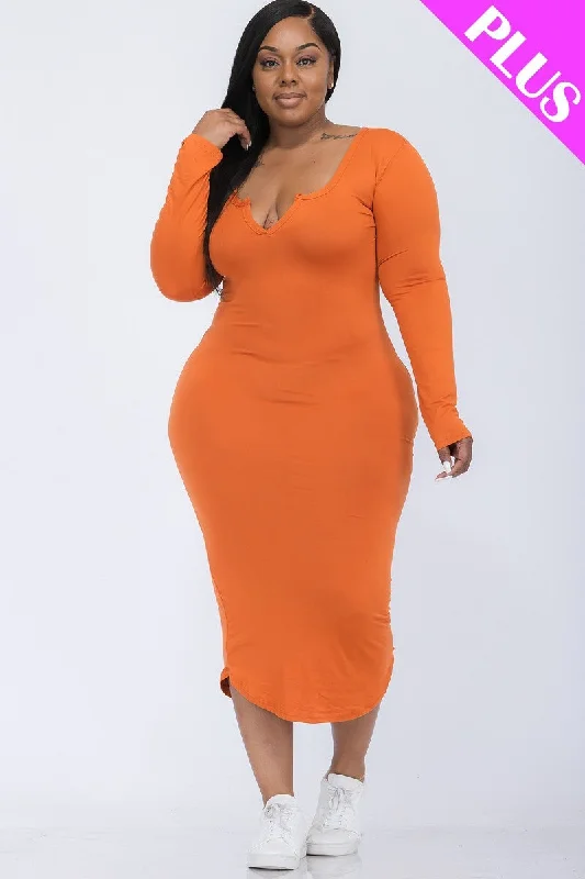 Plus Size Split Neck Long Sleeve Midi Dress Fashionable Casual Midi Dress