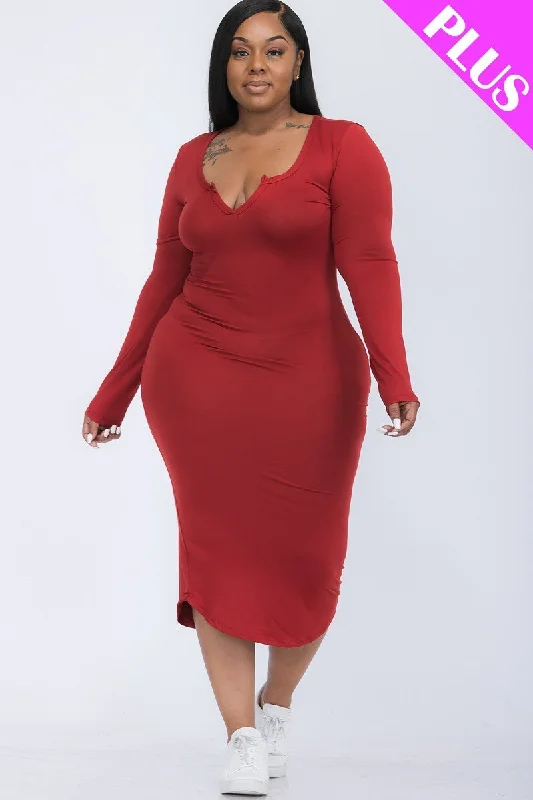 Plus Size Split Neck Long Sleeve Midi Dress Comfortable Deep V Midi Dress