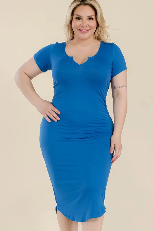 Plus Size Split Neck Bodycon Midi Dress Comfortable Short Sleeve Midi Dress