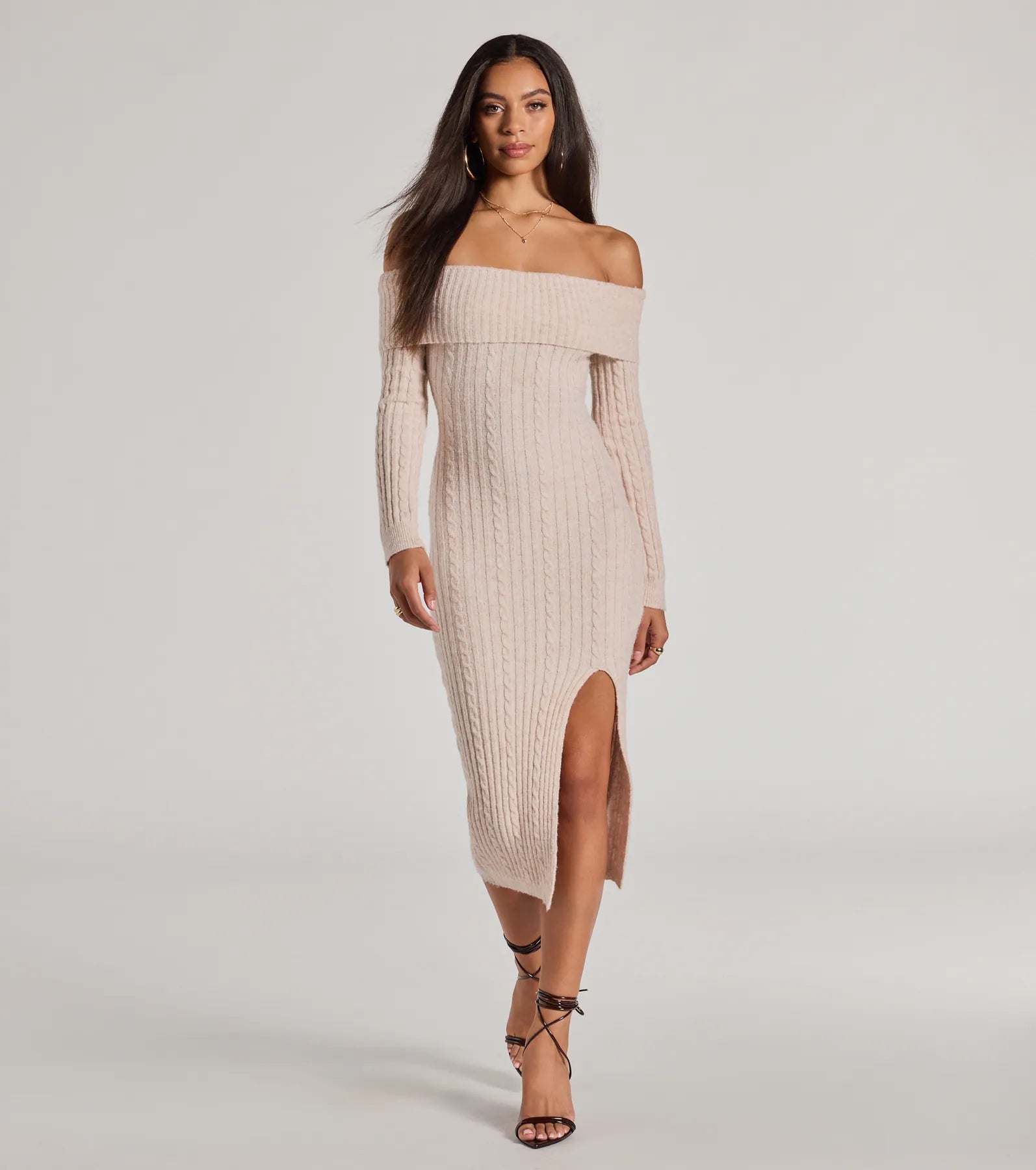 Cozy Luxe Cable Knit Off-The-Shoulder Midi Dress Cozy Wide Strap Midi Dress