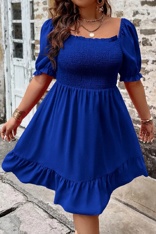 Dark Blue Shirred Ruffled Square Neck Plus Size Mini Dress Trendy Cut-Out Mini Dress