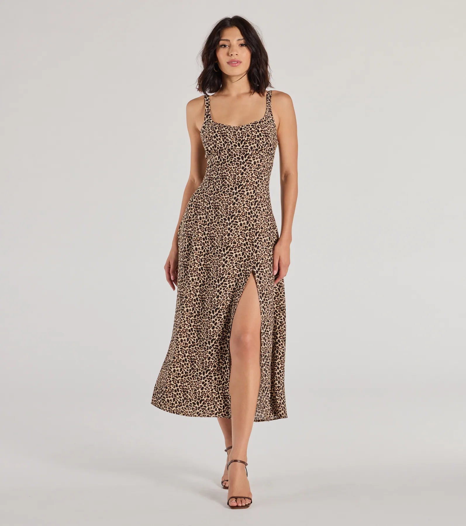 Elevated Leopard Print Woven A-Line Midi Dress Chic Off-Shoulder Midi Dress