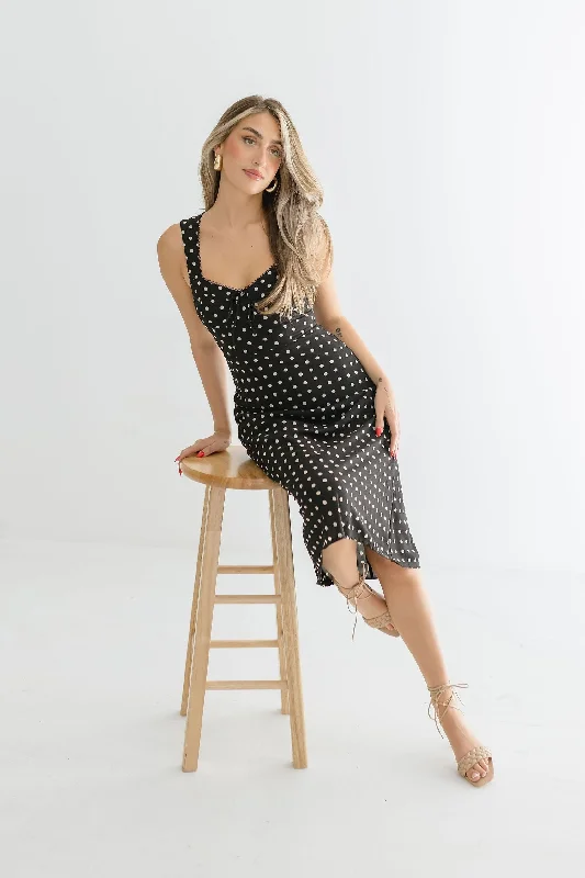 Ellen Sleeveless Bustier Polka Dot Print Midi Dress Black Stylish Cold Shoulder Midi Dress