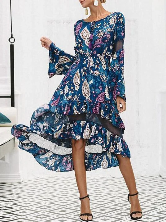 Floral Print Long Sleeve Irregular Midi Dress Comfortable Denim Midi Dress