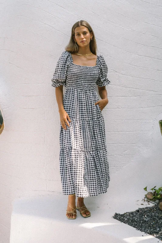 Gabrielle Black Gingham Puff Sleeve Tiered Midi Dress Stylish Midi Dress with Cuffs