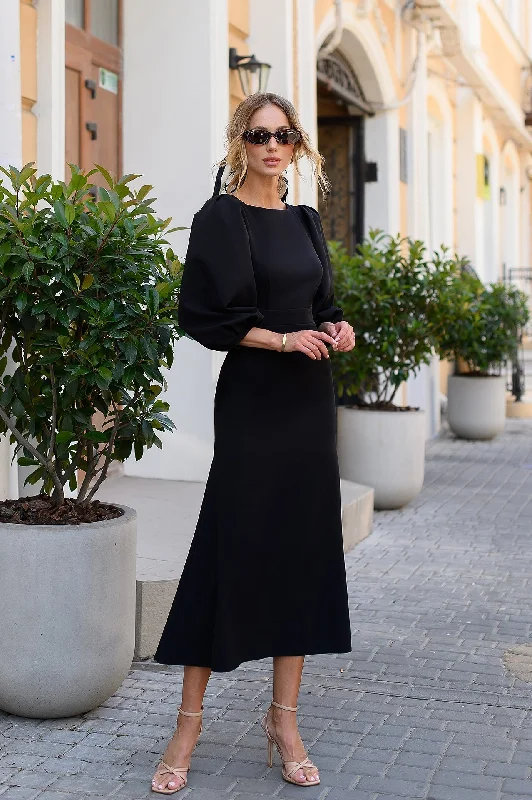 Julie Black Puff-Sleeve Midi Dress Stylish Button-Down Midi Dress