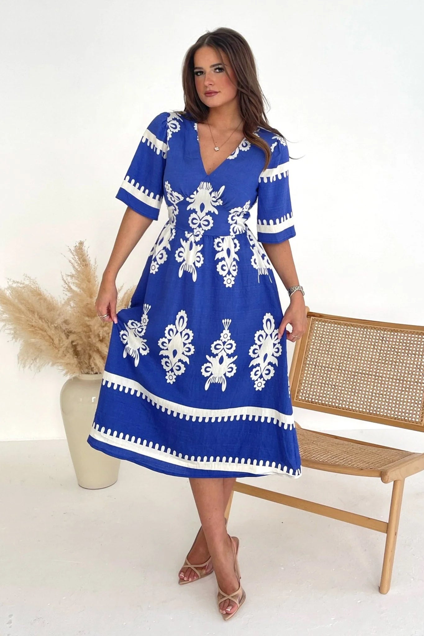 Lacey Cobalt Blue Border Midi Dress Trendy Ruffled Sleeve Midi Dress