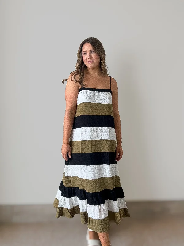 Laurel Striped Midi Dress Comfortable Lace-Up Midi Dress