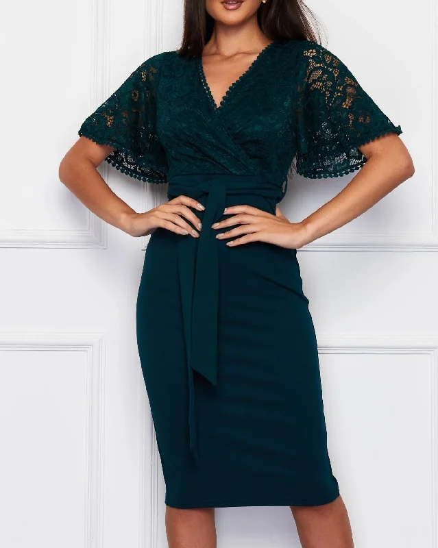 Lynsey Emerald Green Lace Belted Midi Dress Trendy Knit Midi Dress