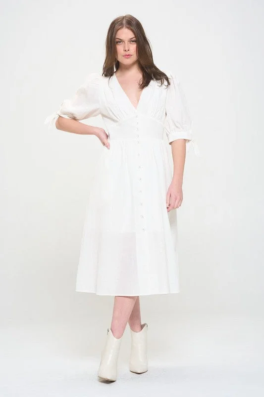 Puff Sleeve Button Down Midi Dress - Black, Off White - Plus Size Trendy Boho Midi Dress