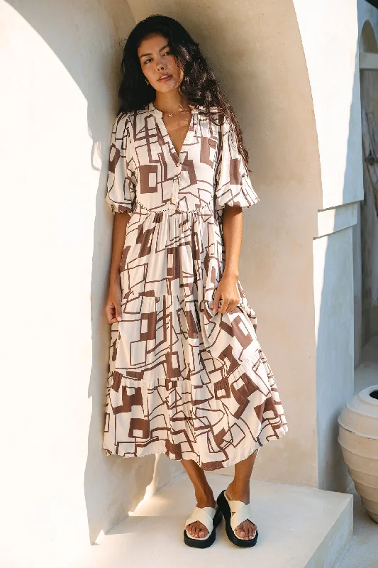 Raven Brown Geometric Button Down Midi Dress Trendy Midi Dress with Belt