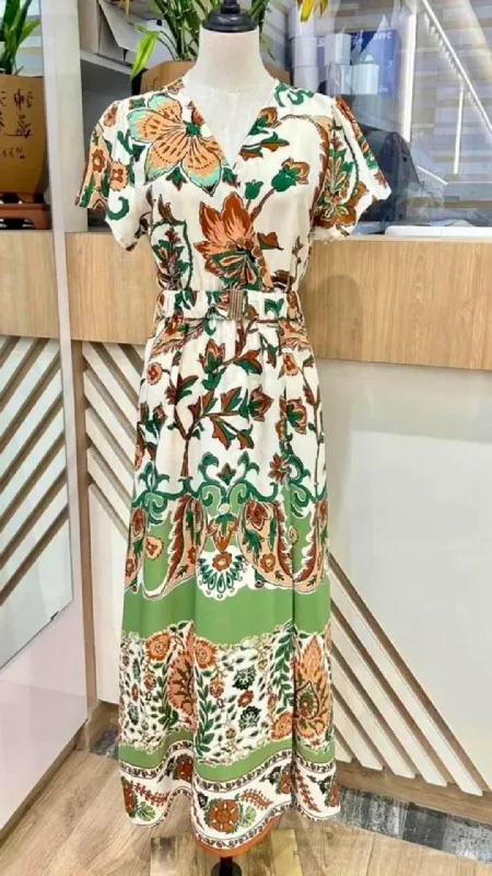 Sara - Green/Cream Floral Belted Midi Dress Elegant Lace Trim Midi Dress