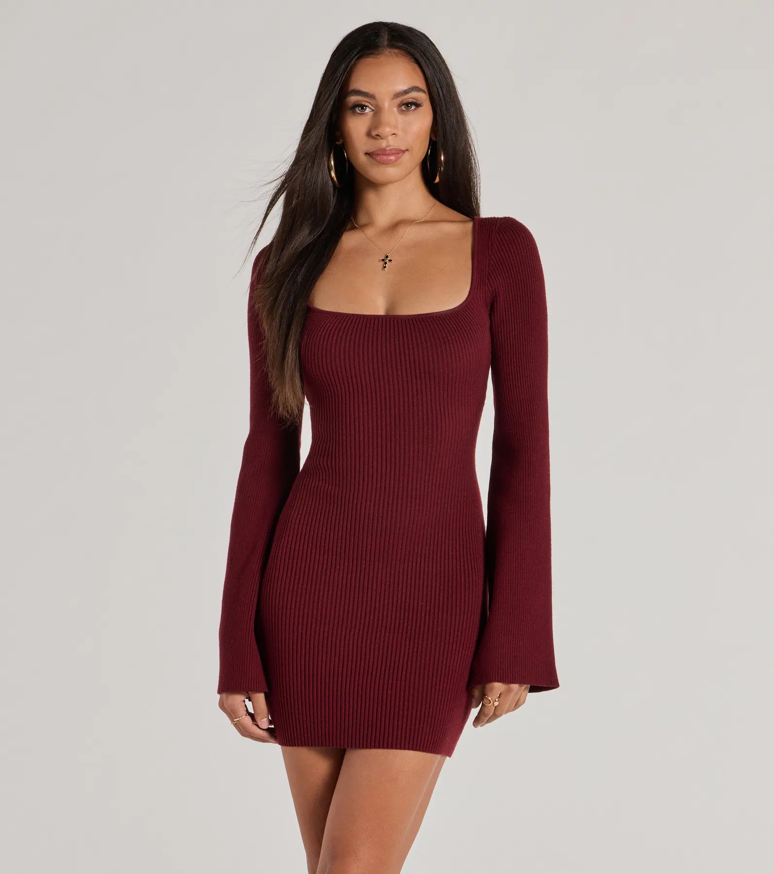 Seasonal Staple Ribbed Knit Bell Sleeve Mini Dress Chic Halter Mini Dress