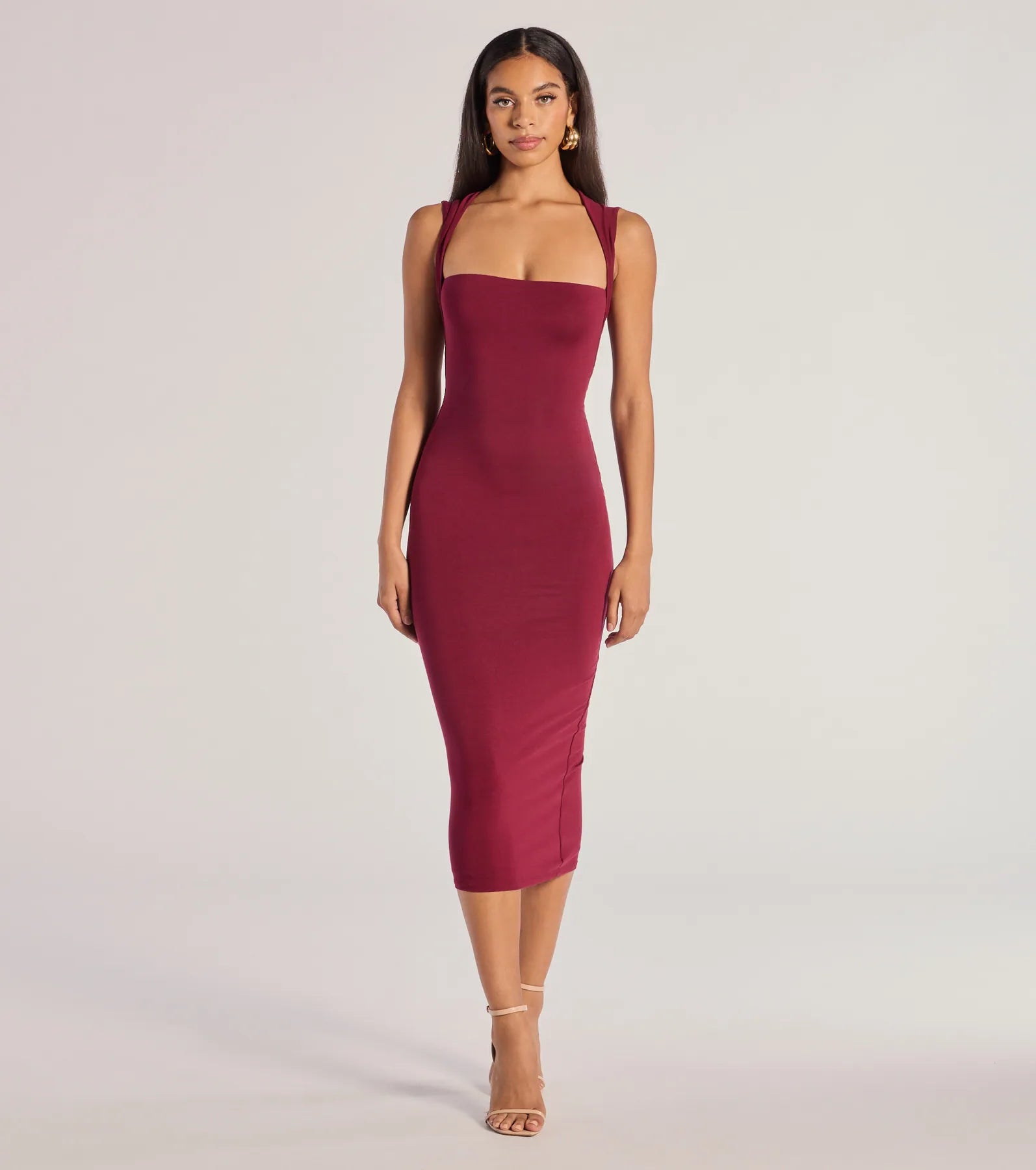 Serving Sleek Square Neck Bodycon Midi Dress Comfortable Adjustable Strap Midi Dress