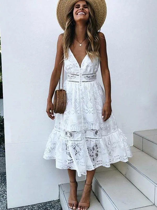 Sexy Deep V Neck Lace Summer White Midi Dress Elegant Satin Slip Midi Dress