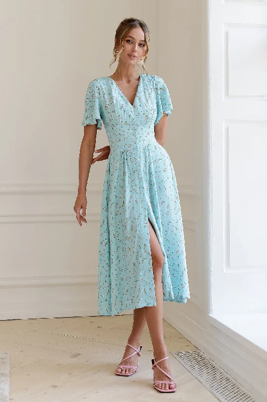 Sky-Blue Floral Print Short Sleeve Midi Dress Chic Lace Detail Midi Dress