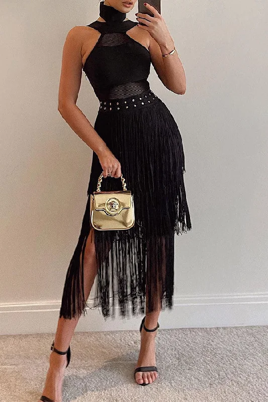 Solid Color Boho Tassel Midi Dress Elegant Sleeveless Midi Dress