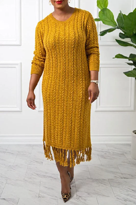 Solid Color Twist Knit Laid Back Tassel Midi Dress Trendy Knit Midi Dress