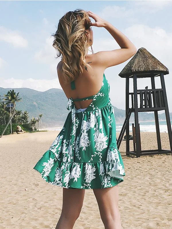 Sweet Bohemian Lace-up Backless Floral Green Mini Dress Cozy Wraparound Mini Dress