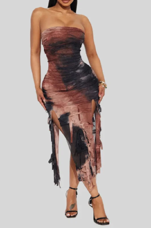 Tie Dye Strapless Flattering Tassel High Split Midi Dress Comfortable Stretch Midi Dress