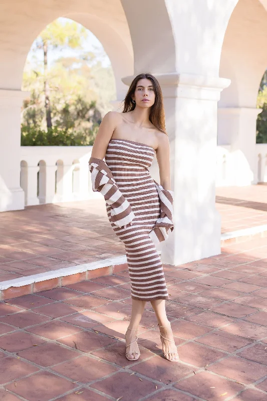 Trinity Sleeveless Stripe Print Knit Midi Dress And Cropped Cadigan Set Taupe Comfortable Knitwear Midi Dress