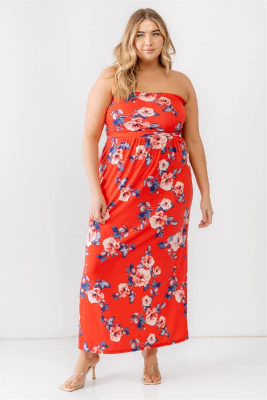 Plus Red Rose Print Ruched Strapless Midi Dress Comfortable Floral Print Midi Dress