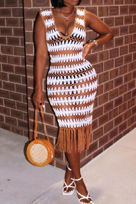 Wavy Lines Crochet Cutout Stunning Tassel Midi Dress Beachwear Trendy A-Line Midi Dress