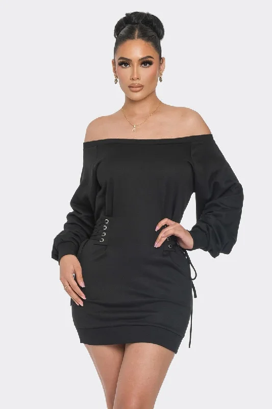 Black Lace-Up Off the Shoulder Mini Dress Trendy Cut-Out Mini Dress