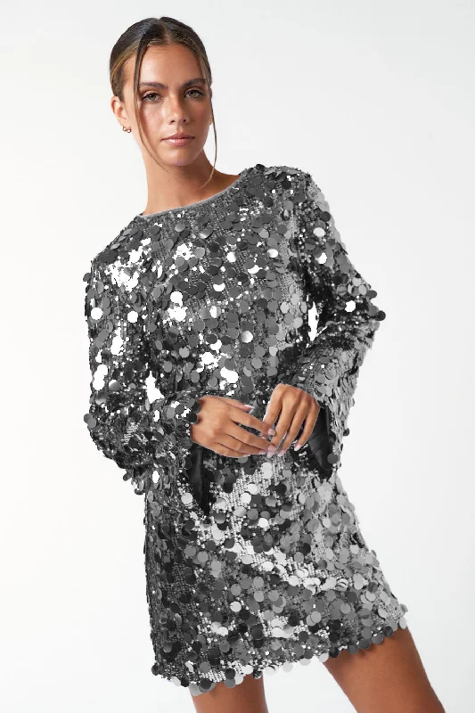 Short Sequin Bell Long Sleeve Mini Dress Comfortable Shift Mini Dress