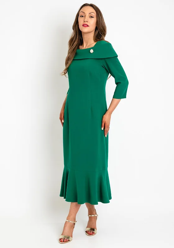 Cassandra Fishtail Midi Dress, Green Elegant Satin Slip Midi Dress