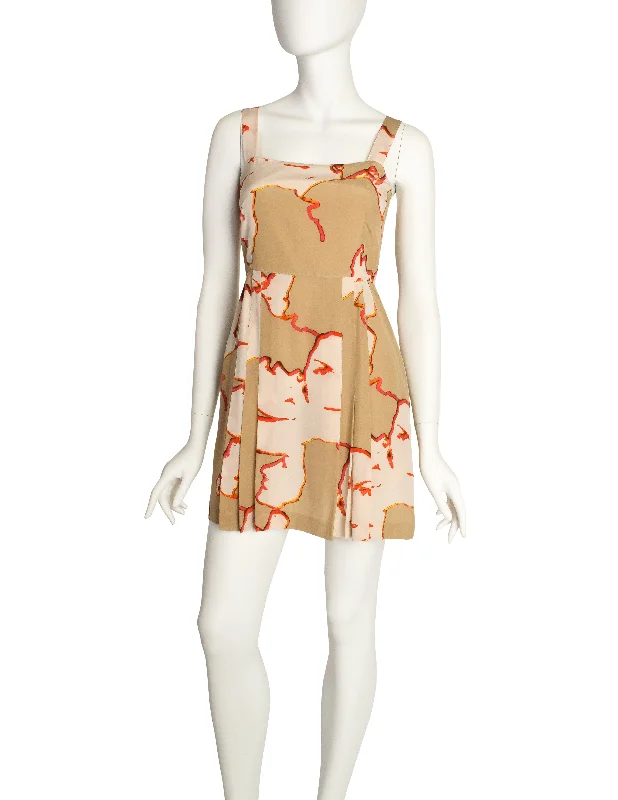 Chanel Vintage 2000 Beige Abstract Coco Chanel Face Portrait Pleated Silk Mini Dress Elegant Silk Mini Dress