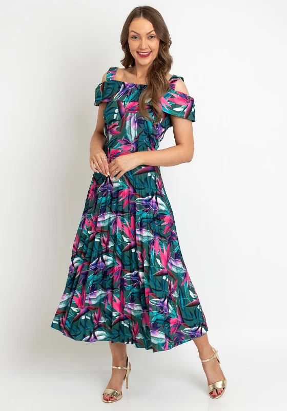 Coco Doll Floral Print Pleated Midi Dress, Green Multi Chic Off-Shoulder Midi Dress