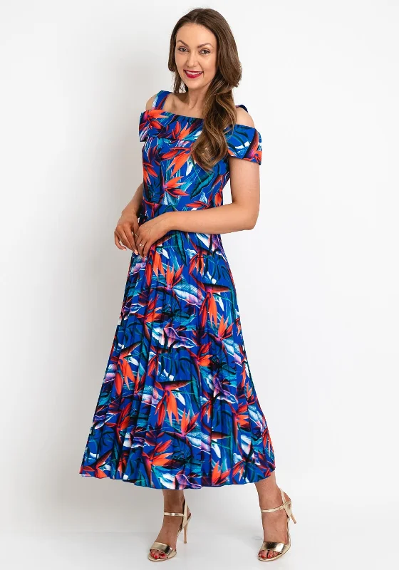 Coco Doll Floral Print Pleated Midi Dress, Royal Blue & Orange Stylish Button-Up Midi Dress