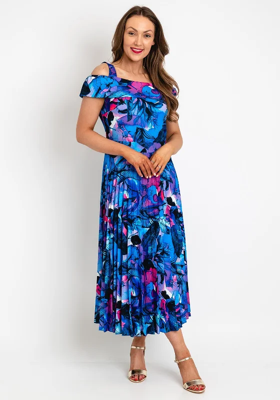 Coco Doll Floral Print Pleated Midi Dress, Royal Blue Multi Trendy Flared Sleeve Midi Dress